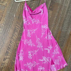 ASTR Cowl Neck Satin Mini Dress Pink Floral - Size S